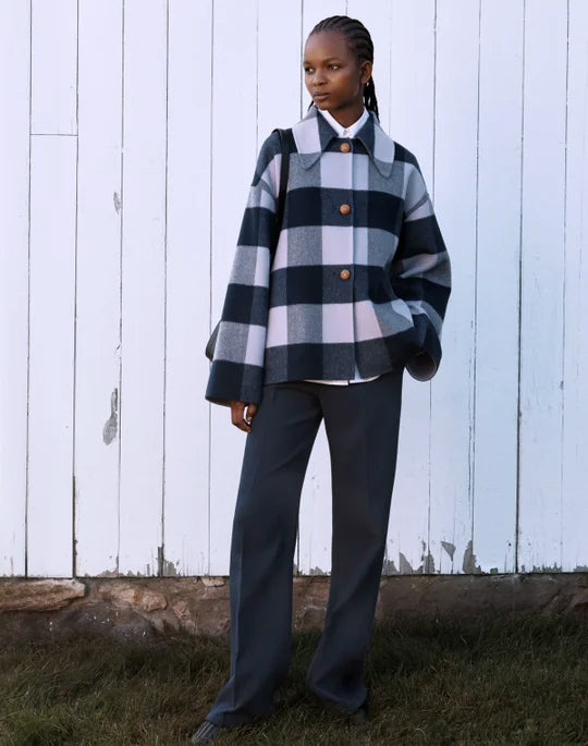 GINGHAM WOOL-CASHMERE DOUBLE FACE OVERSIZED SWING COAT